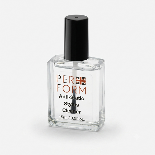Clear bottle of PERFORM Anti-Static Stylus Cleaner with black cap on a white background