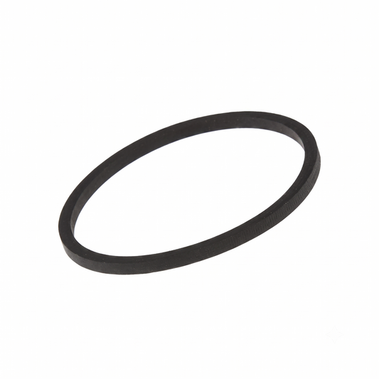A black rubber audio belt shown on a plain white background with a soft shadow underneath.