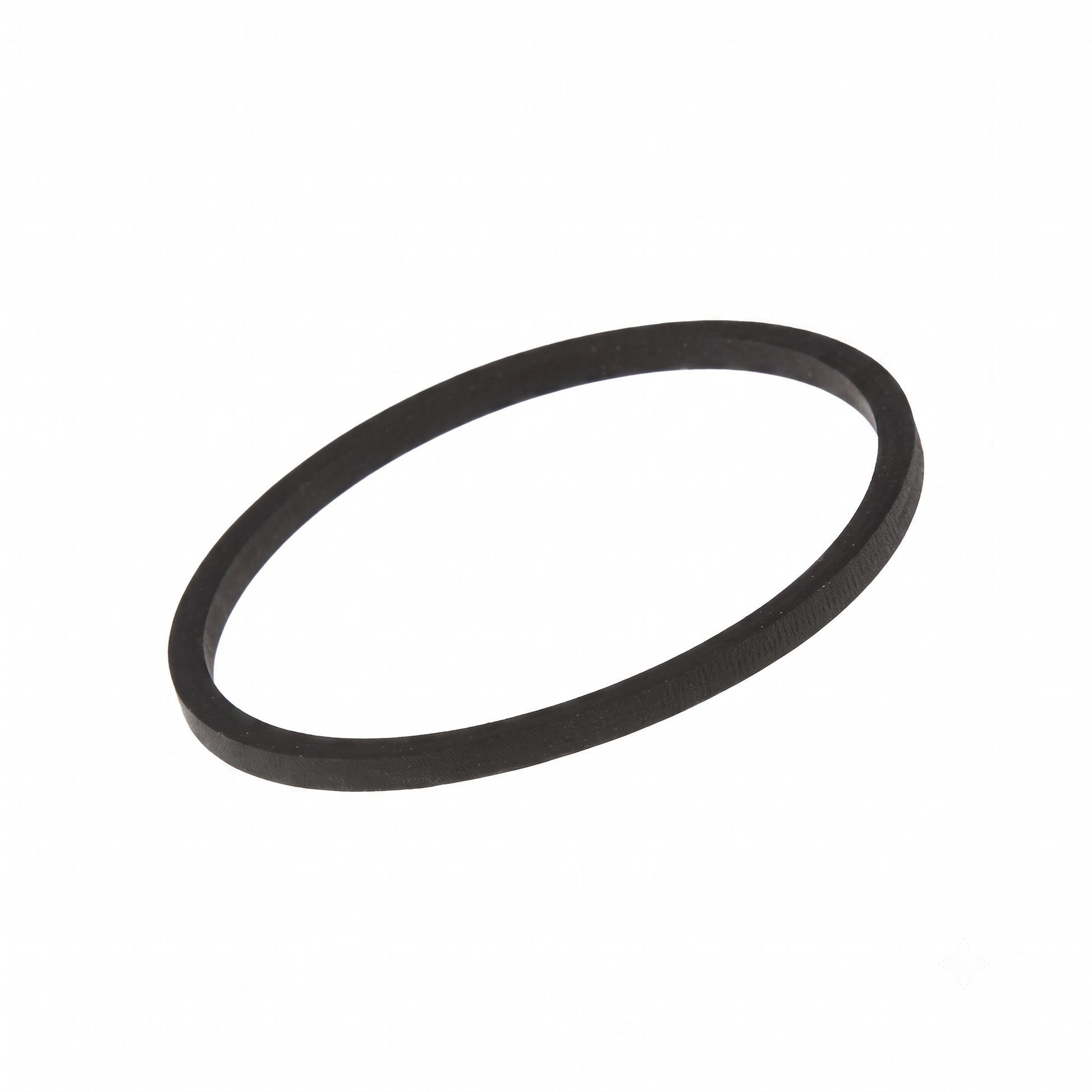 A black rubber drive belt on a whit background.