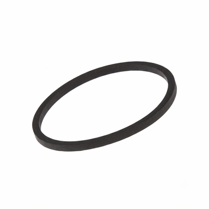 A black rubber drive belt on a whit background.