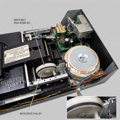 Open view of a CD drive mechanism showing the main drive belt pulley assembly, with labelled callouts pointing to the drive belt and main drive pulley, plus a small inset close-up of the pulley.