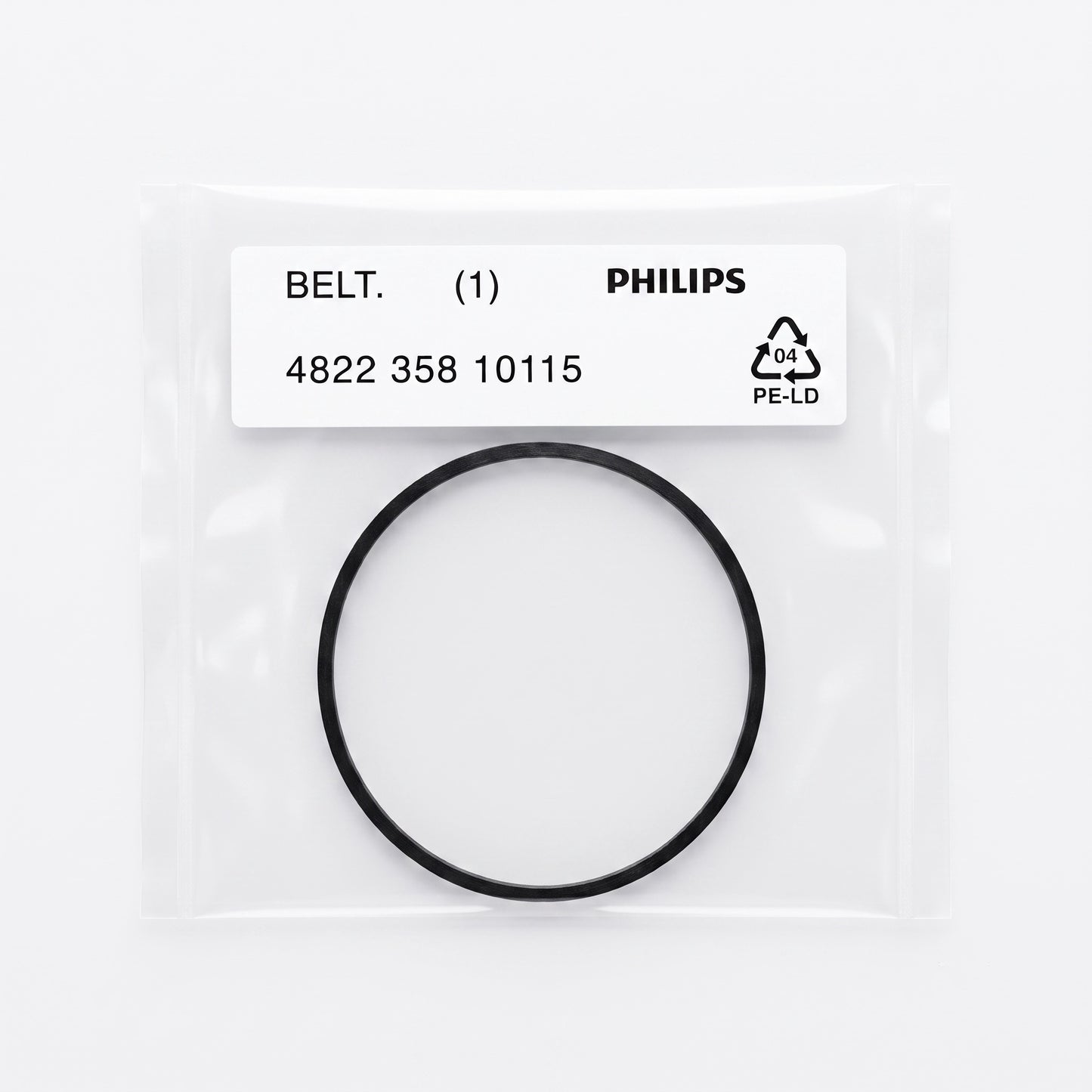 A black circular replacement belt ring sealed inside a clear plastic package with a white label that reads PHILIPS and BELT. (1) 4822 358 10115.