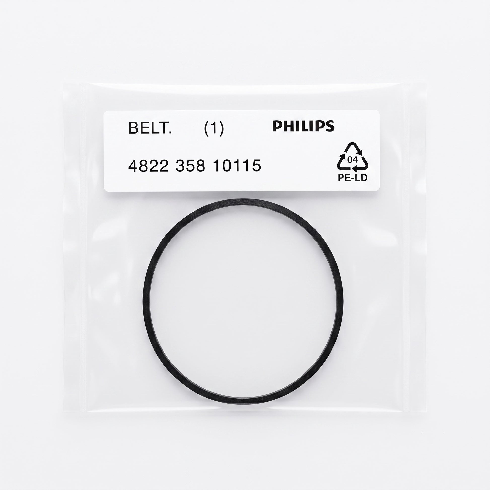 A black circular replacement belt ring sealed inside a clear plastic package with a white label that reads PHILIPS and BELT. (1) 4822 358 10115.