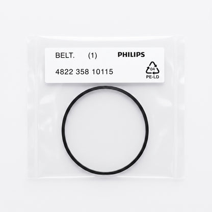 A black circular replacement belt ring sealed inside a clear plastic package with a white label that reads PHILIPS and BELT. (1) 4822 358 10115.