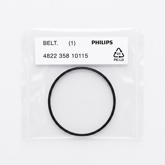 A black circular replacement belt ring sealed inside a clear plastic package with a white label that reads PHILIPS and BELT. (1) 4822 358 10115.