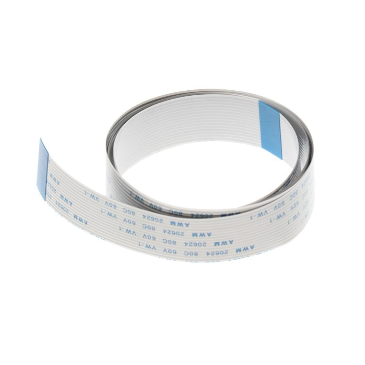 
A close-up, studio shot of a coiled white Pioneer DJ DDD1301 flex ribbon cable on a plain white background. The cable features 13 thin parallel silver conductor. Both ends of the flexible flat cable (FFC) are reinforced with small blue stiffener tabs, exposing the silver contact pins.