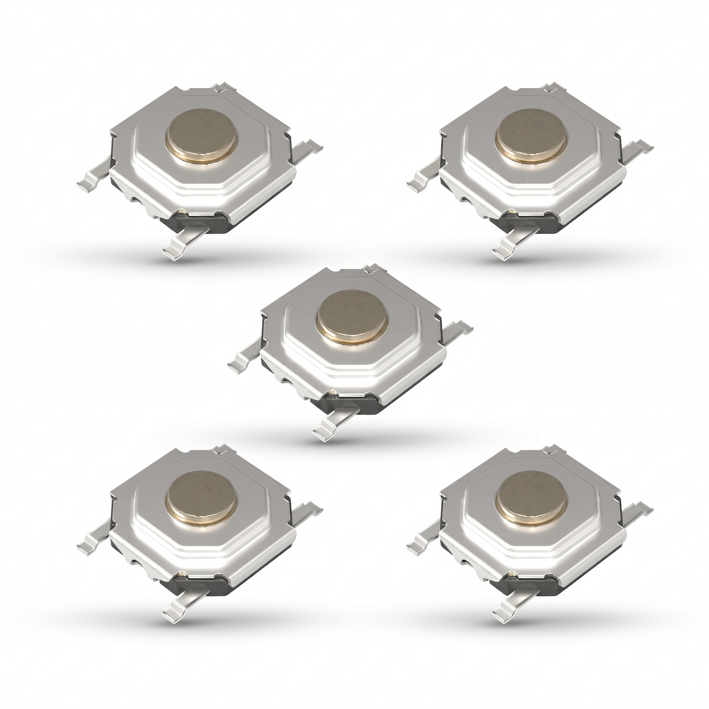High-resolution product image displaying five tactile push switches arranged on a clean white background. The components are positioned in a balanced, five-die layout, with one switch centered and four others surrounding it near each corner. Each square-bodied switch features a metallic silver top casing, a circular brass or coloured central button, four extended surface-mount metal terminals, and subtle shadows cast underneath to give a floating effect.