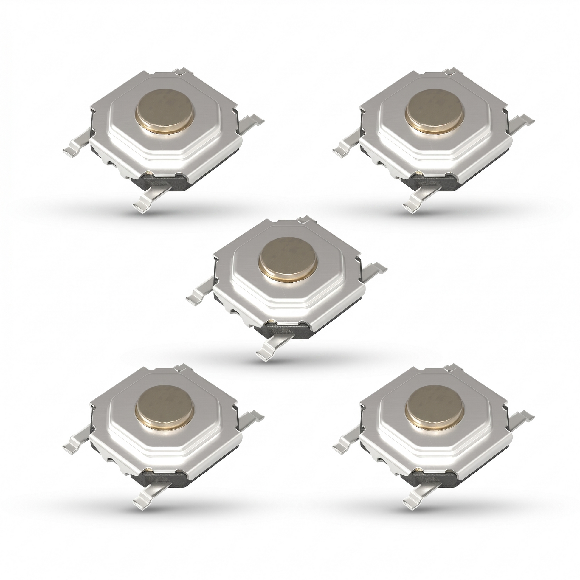 High-resolution product image displaying five tactile push switches arranged on a clean white background. The components are positioned in a balanced, five-die layout, with one switch centered and four others surrounding it near each corner. Each square-bodied switch features a metallic silver top casing, a circular brass or coloured central button, four extended surface-mount metal terminals, and subtle shadows cast underneath to give a floating effect.