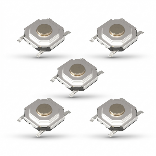 High-resolution product image displaying five tactile push switches arranged on a clean white background. The components are positioned in a balanced, five-die layout, with one switch centered and four others surrounding it near each corner. Each square-bodied switch features a metallic silver top casing, a circular brass or coloured central button, four extended surface-mount metal terminals, and subtle shadows cast underneath to give a floating effect.
