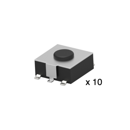 Ten miniature black surface-mount tactical switches, electronic components. Neatly organised on a plain white background in two columns of five rows.