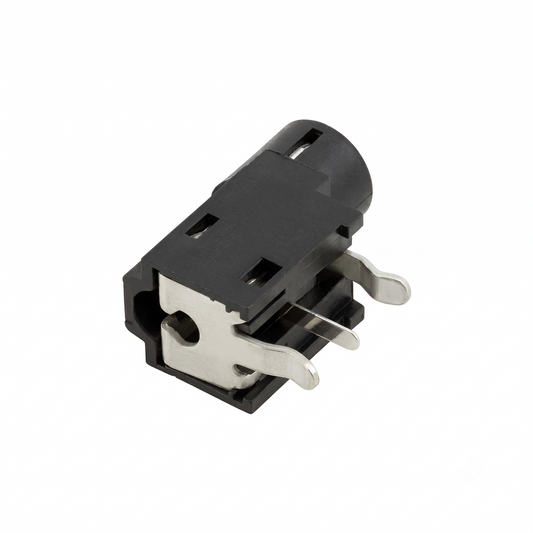A small black electrical connector with two silver metal pins, shown on a plain white background.