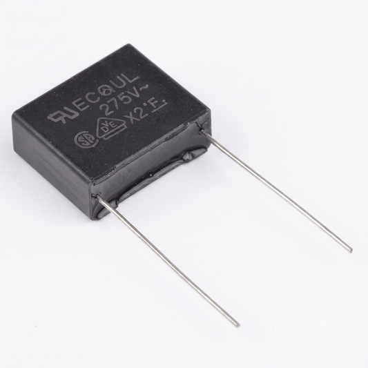 Motor repair capacitor for Pioneer PL-12D and PL-12E turntables, 0.047uF 47nF C1 fix. Black rectangular X2 film capacitor rated at 275V with long metal leads on a white background.
