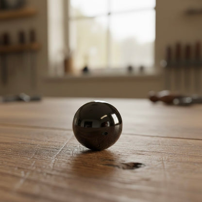 Black spherical object on a wooden floor with a blurred background