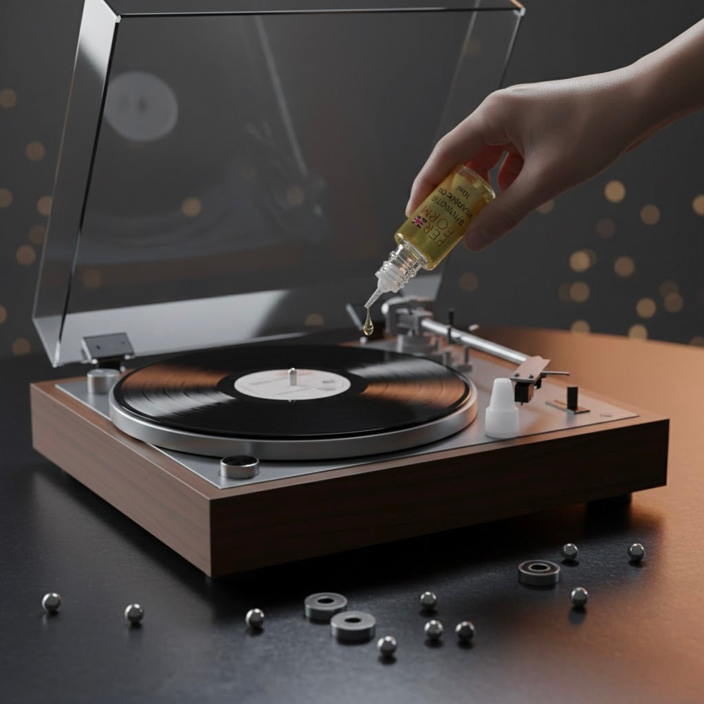 Person lubricating a turntable with a bottle of oil on a dark surface.
