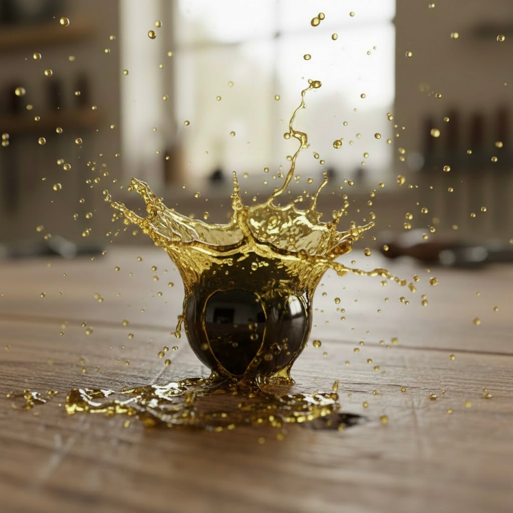 Pioneer PL-12D Precision Ceramic Ball Bearing with a splash of oil on a wooden table.