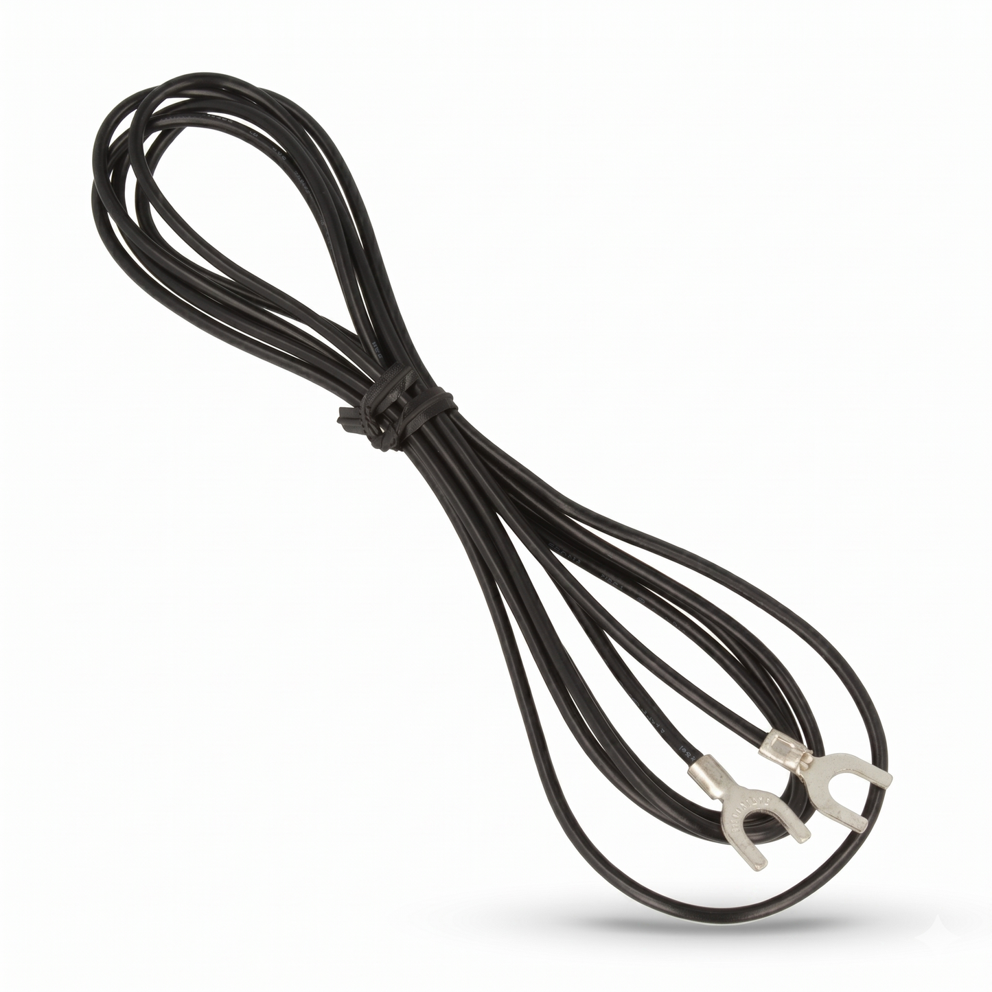 A high-definition product photograph of a black phono earthing ground wire, matching the layout of Pioneer PLX-1200 Phono Earthing Wire 406-PLX-1288. The thin, black cable is coiled in a neat figure-eight shape, secured in the middle with a small black plastic tie. At the bottom right, the two ends of the cable terminate in silver U-shaped spade connectors. The entire cable is isolated against a clean, solid white background with a subtle, soft shadow underneath it.