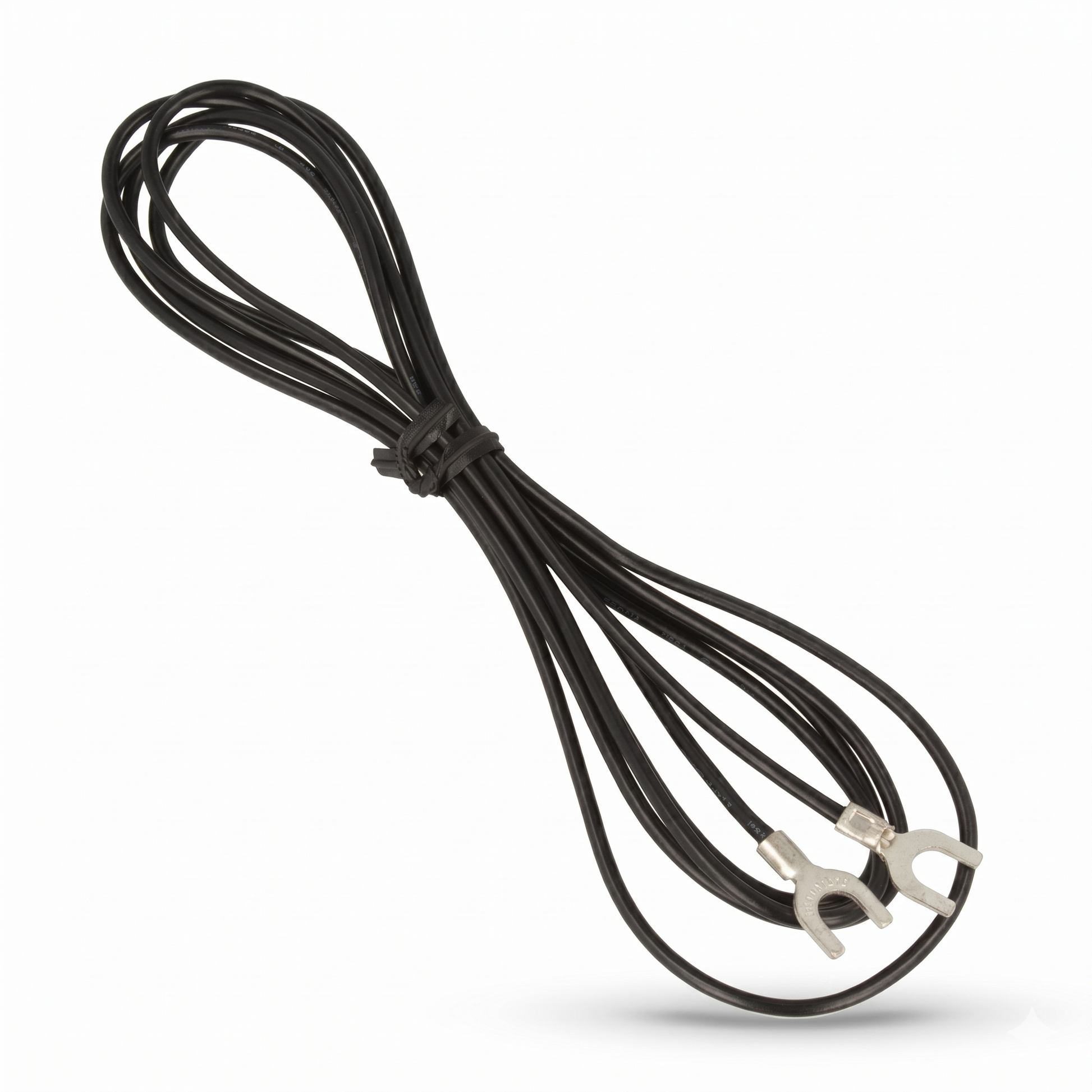 A high-definition product photograph of a black phono earthing ground wire, matching the layout of Pioneer PLX-1200 Phono Earthing Wire 406-PLX-1288. The thin, black cable is coiled in a neat figure-eight shape, secured in the middle with a small black plastic tie. At the bottom right, the two ends of the cable terminate in silver U-shaped spade connectors. The entire cable is isolated against a clean, solid white background with a subtle, soft shadow underneath it.