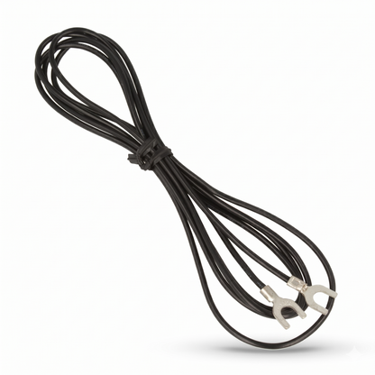 A high-definition product photograph of a black phono earthing ground wire, matching the layout of Pioneer PLX-1200 Phono Earthing Wire 406-PLX-1288. The thin, black cable is coiled in a neat figure-eight shape, secured in the middle with a small black plastic tie. At the bottom right, the two ends of the cable terminate in silver U-shaped spade connectors. The entire cable is isolated against a clean, solid white background with a subtle, soft shadow underneath it.