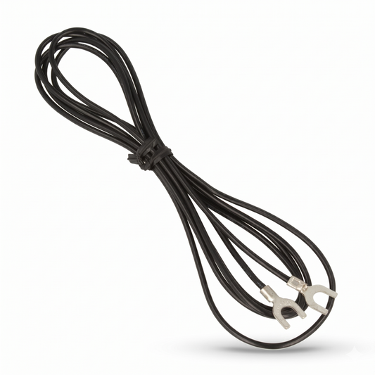 A high-definition product photograph of a black phono earthing ground wire, matching the layout of Pioneer PLX-1200 Phono Earthing Wire 406-PLX-1288. The thin, black cable is coiled in a neat figure-eight shape, secured in the middle with a small black plastic tie. At the bottom right, the two ends of the cable terminate in silver U-shaped spade connectors. The entire cable is isolated against a clean, solid white background with a subtle, soft shadow underneath it.