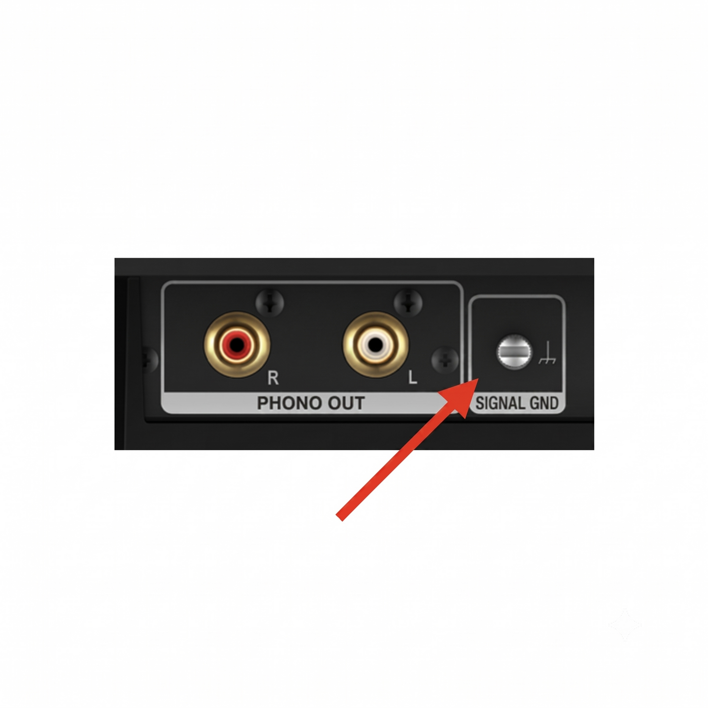 Close-up diagram of the rear connection panel of a turntable, set against a plain white background. On the left, a rectangular box labeled "PHONO OUT" contains gold-plated Right (R) and Left (L) RCA audio output jacks, with the Right jack featuring a red center ring and the Left jack featuring a white center ring. To the right of the outputs, a separate section labeled "SIGNAL GND" features a metallic ground screw terminal with a printed grounding symbol. 