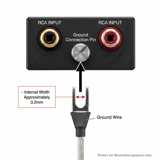 An close-up graphic showing how to connect a turntable ground wire to an audio component.

At the top, a black rectangular panel features a pair of RCA inputs (one with a gold collar, one with a red collar) flanking a central silver Ground Connection Pin thumb screw.

An arrow points upward from a Ground Wire below, illustrating how its spade connector—noted with a red double-headed arrow highlighting an Internal Width Approximately 3.2mm—slots directly under the grounding screw.