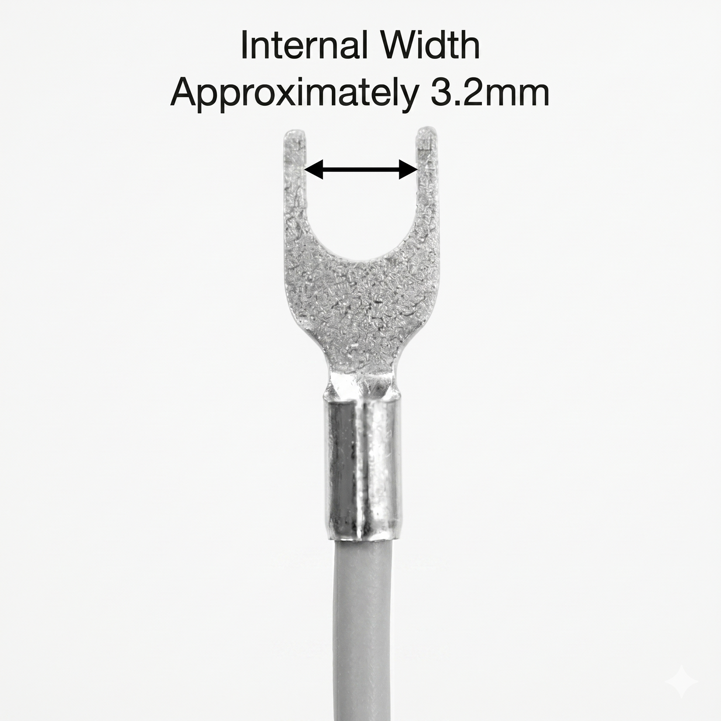 A high-resolution, black-and-white graphic showing a close-up of a silver spade connector terminal attached to a grey wire, set against a plain white background. Centered text above the terminal reads "Internal Width Approximately 3.2mm," with a double-ended black horizontal arrow indicating the inner span between the two vertical forks of the spade connector.