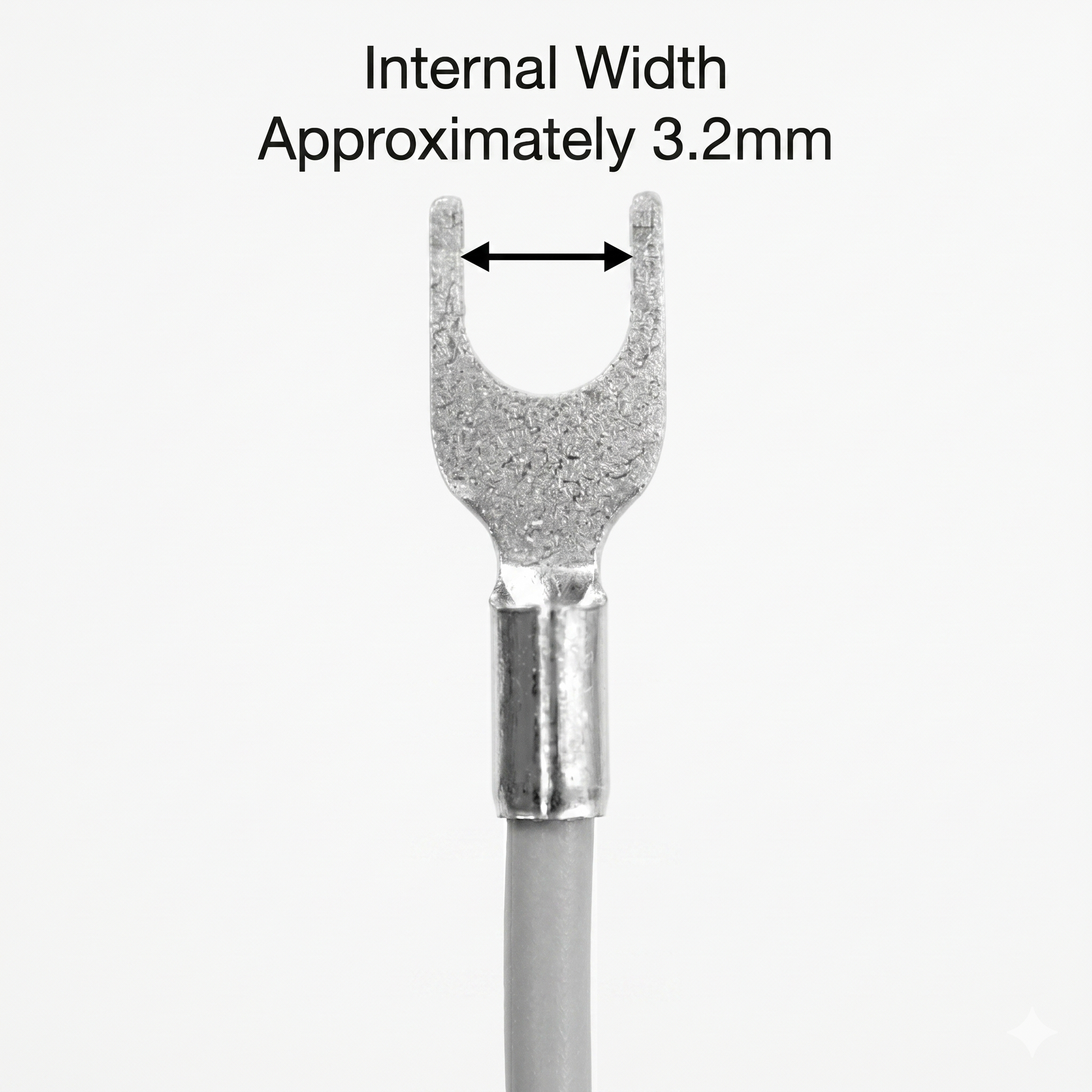 A high-resolution, black-and-white graphic showing a close-up of a silver spade connector terminal attached to a grey wire, set against a plain white background. Centered text above the terminal reads "Internal Width Approximately 3.2mm," with a double-ended black horizontal arrow indicating the inner span between the two vertical forks of the spade connector.