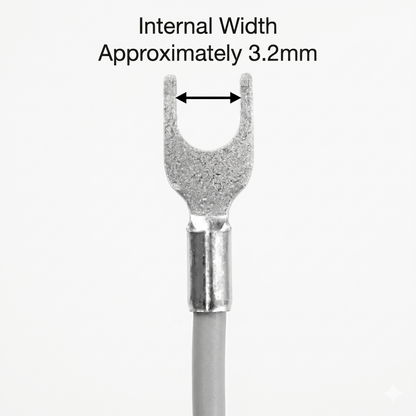 A high-resolution, black-and-white graphic showing a close-up of a silver spade connector terminal attached to a grey wire, set against a plain white background. Centered text above the terminal reads "Internal Width Approximately 3.2mm," with a double-ended black horizontal arrow indicating the inner span between the two vertical forks of the spade connector.