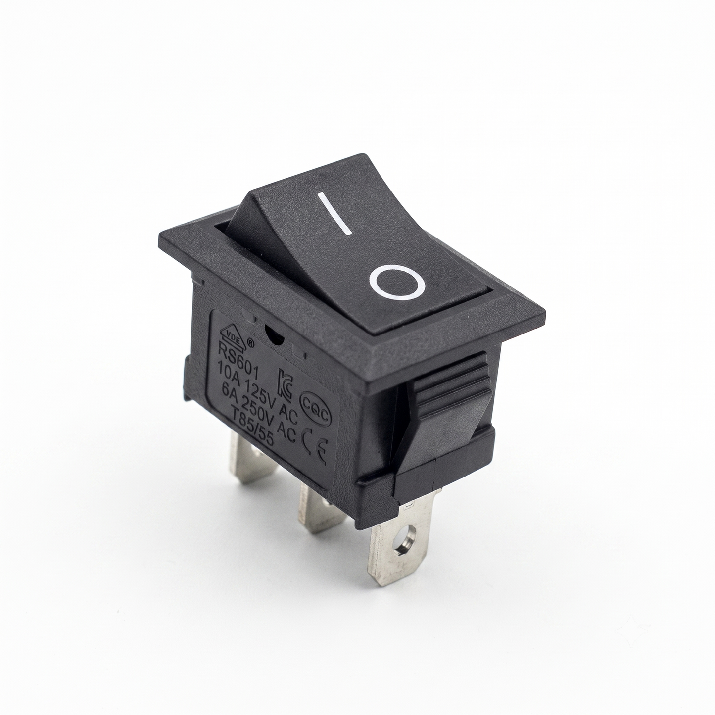 A high-resolution close-up product photo of a black rectangular rocker switch against a plain white background. The switch features a standard vertical line (I) and circle (O) printed in white on its top surface to indicate the on and off positions. Its side housing clearly displays the model number "RS601" along with technical specifications (10A 125V AC, 6A 250V AC, T85/55) and various international certification stamps (VDE, CQC, CE). Three metallic quick-connect spade terminals project from the bottom.