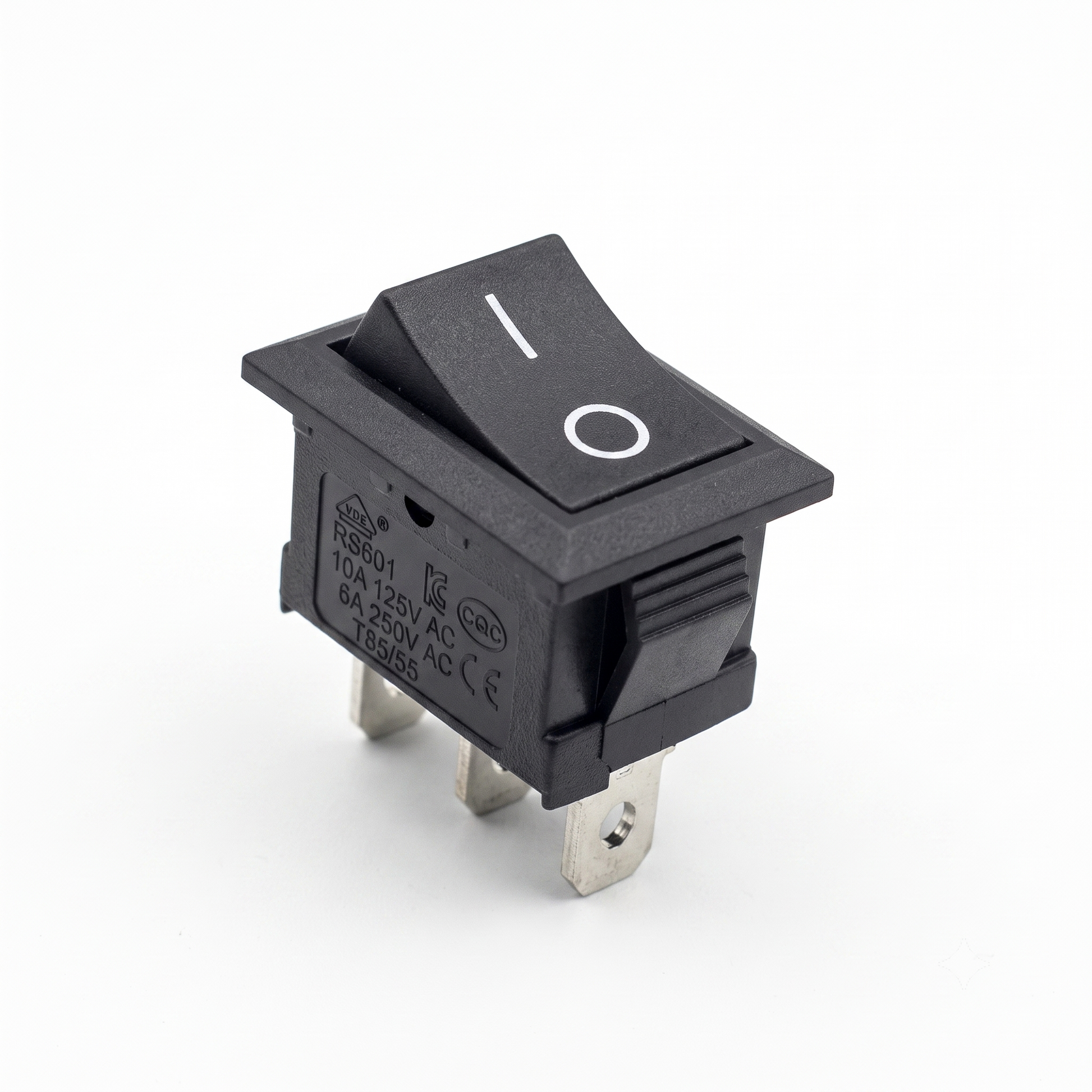 A high-resolution close-up product photo of a black rectangular rocker switch against a plain white background. The switch features a standard vertical line (I) and circle (O) printed in white on its top surface to indicate the on and off positions. Its side housing clearly displays the model number "RS601" along with technical specifications (10A 125V AC, 6A 250V AC, T85/55) and various international certification stamps (VDE, CQC, CE). Three metallic quick-connect spade terminals project from the bottom.
