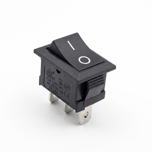 A high-resolution close-up product photo of a black rectangular rocker switch against a plain white background. The switch features a standard vertical line (I) and circle (O) printed in white on its top surface to indicate the on and off positions. Its side housing clearly displays the model number "RS601" along with technical specifications (10A 125V AC, 6A 250V AC, T85/55) and various international certification stamps (VDE, CQC, CE). Three metallic quick-connect spade terminals project from the bottom.