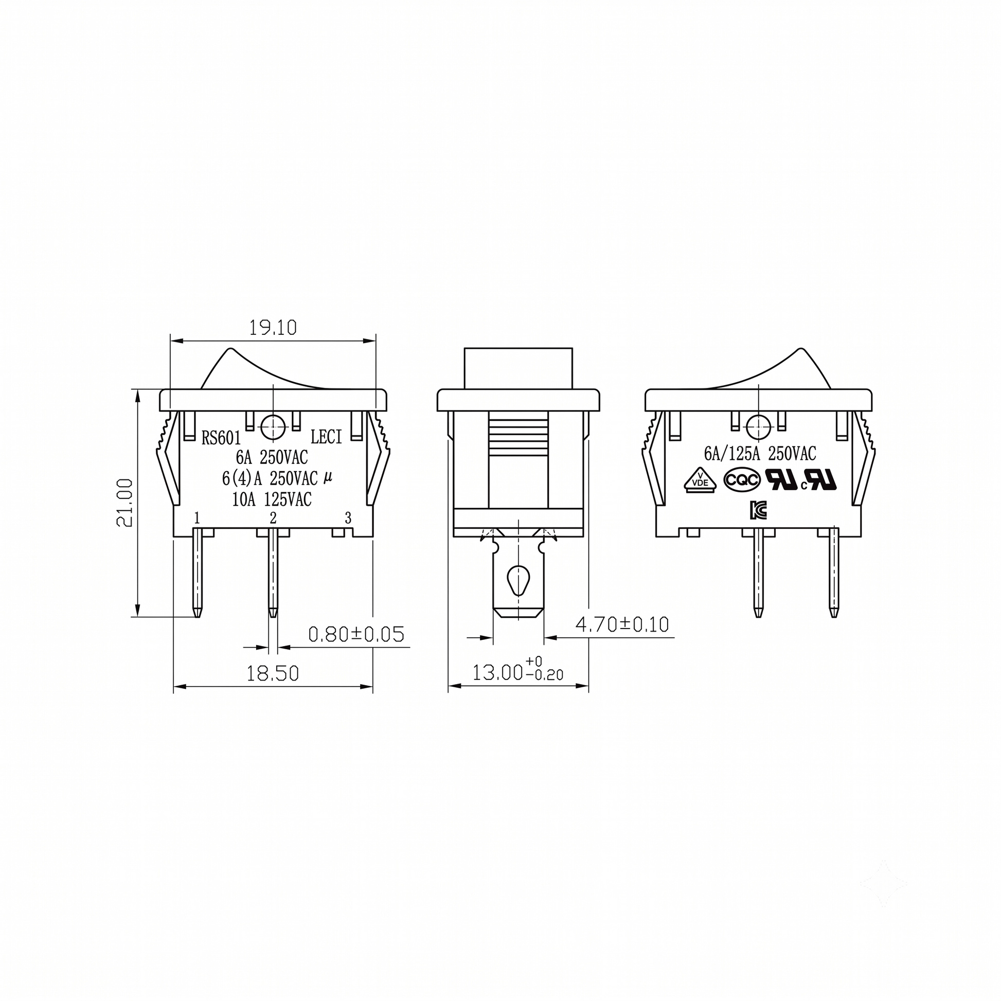 A technical line-art drawing shows three views of a rectangular rocker switch labeled RS601 LECI. It provides dimensions for the housing (21.00 mm tall and 19.10 mm wide) and terminals (18.50 mm width and 13.00 +0.20 mm width). It also details the electrical ratings and includes international certification logos such as VDE, CQC, and UL.