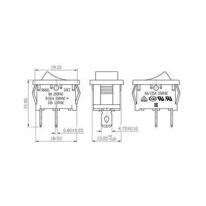 A technical line-art drawing shows three views of a rectangular rocker switch labeled RS601 LECI. It provides dimensions for the housing (21.00 mm tall and 19.10 mm wide) and terminals (18.50 mm width and 13.00 +0.20 mm width). It also details the electrical ratings and includes international certification logos such as VDE, CQC, and UL.