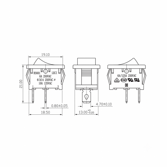 A technical line-art drawing shows three views of a rectangular rocker switch labeled RS601 LECI. It provides dimensions for the housing (21.00 mm tall and 19.10 mm wide) and terminals (18.50 mm width and 13.00 +0.20 mm width). It also details the electrical ratings and includes international certification logos such as VDE, CQC, and UL.