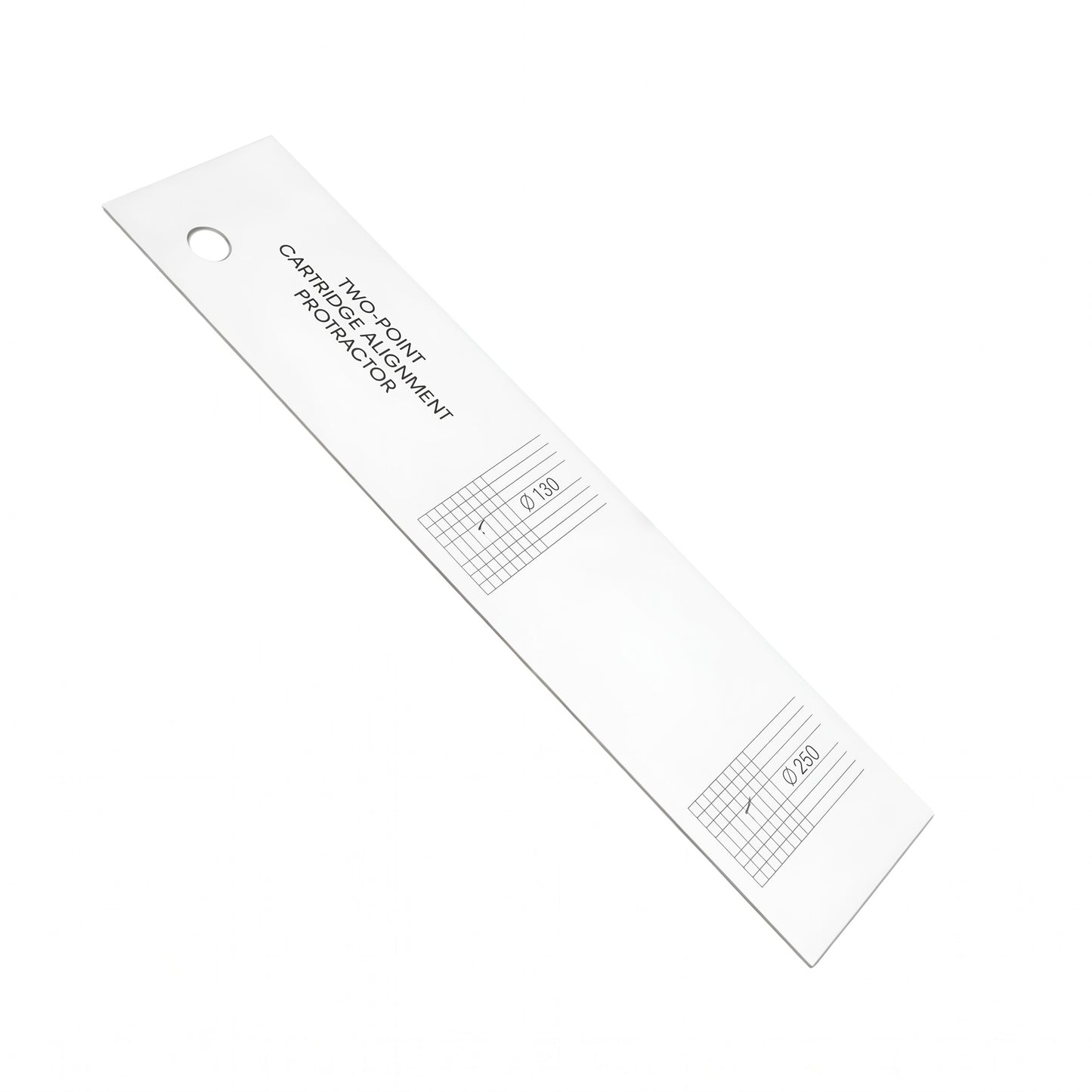 A long, white rectangular turntable tool angled diagonally against a white background, lThe tool features a spindle hole at the top left, the printed text "TWO-POINT CARTRIDGE ALIGNMENT PROTRACTOR", and two distinct alignment grid sections further down marked with "Ø 130" and "Ø 250".