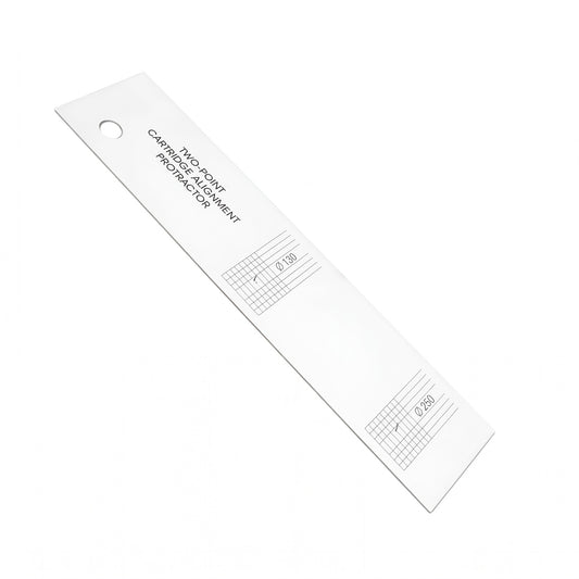 A long, white rectangular turntable tool angled diagonally against a white background, lThe tool features a spindle hole at the top left, the printed text "TWO-POINT CARTRIDGE ALIGNMENT PROTRACTOR", and two distinct alignment grid sections further down marked with "Ø 130" and "Ø 250".