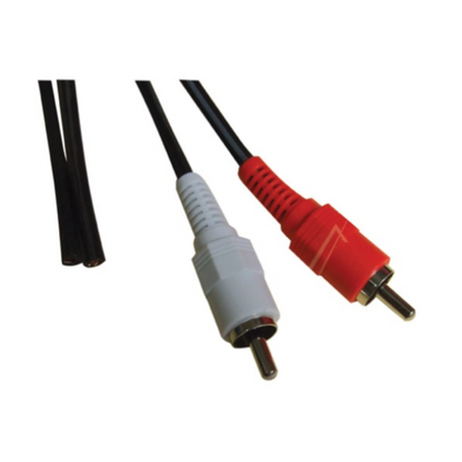 Two RCA audio connectors, one white and one red, with black cables leading to exposed copper wire ends on the left.
