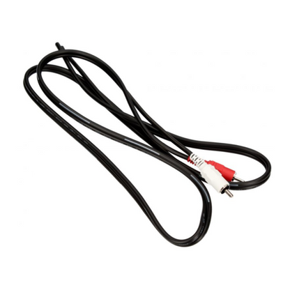 A coiled black audio cable with a pair of red and white RCA male connectors at one end and two exposed, stripped wire leads at the opposite end, set against a plain white background.