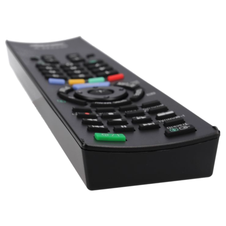Black remote control with colorful buttons on a white background