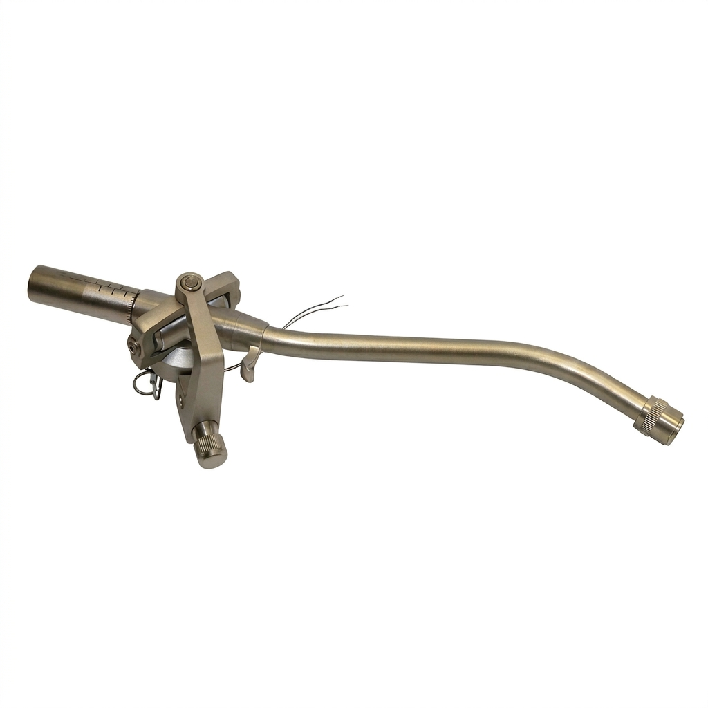 A high-resolution product photograph of a Technics turntable tonearm assembly centered against a solid, plain white background. The component features a brushed metallic, champagne-gold finish. On the left, the intricate pivot and bearing assembly includes a calibrated counterweight shaft with engraved measurement lines, an anti-skate control mechanism, and a small, vertically oriented adjustment knob at the base. Two thin, exposed connection wires extend from the central housing. The gently curved, S-shape