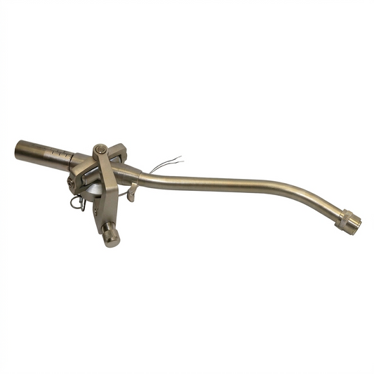 A high-resolution product photograph of a Technics turntable tonearm assembly centered against a solid, plain white background. The component features a brushed metallic, champagne-gold finish. On the left, the intricate pivot and bearing assembly includes a calibrated counterweight shaft with engraved measurement lines, an anti-skate control mechanism, and a small, vertically oriented adjustment knob at the base. Two thin, exposed connection wires extend from the central housing. The gently curved, S-shape