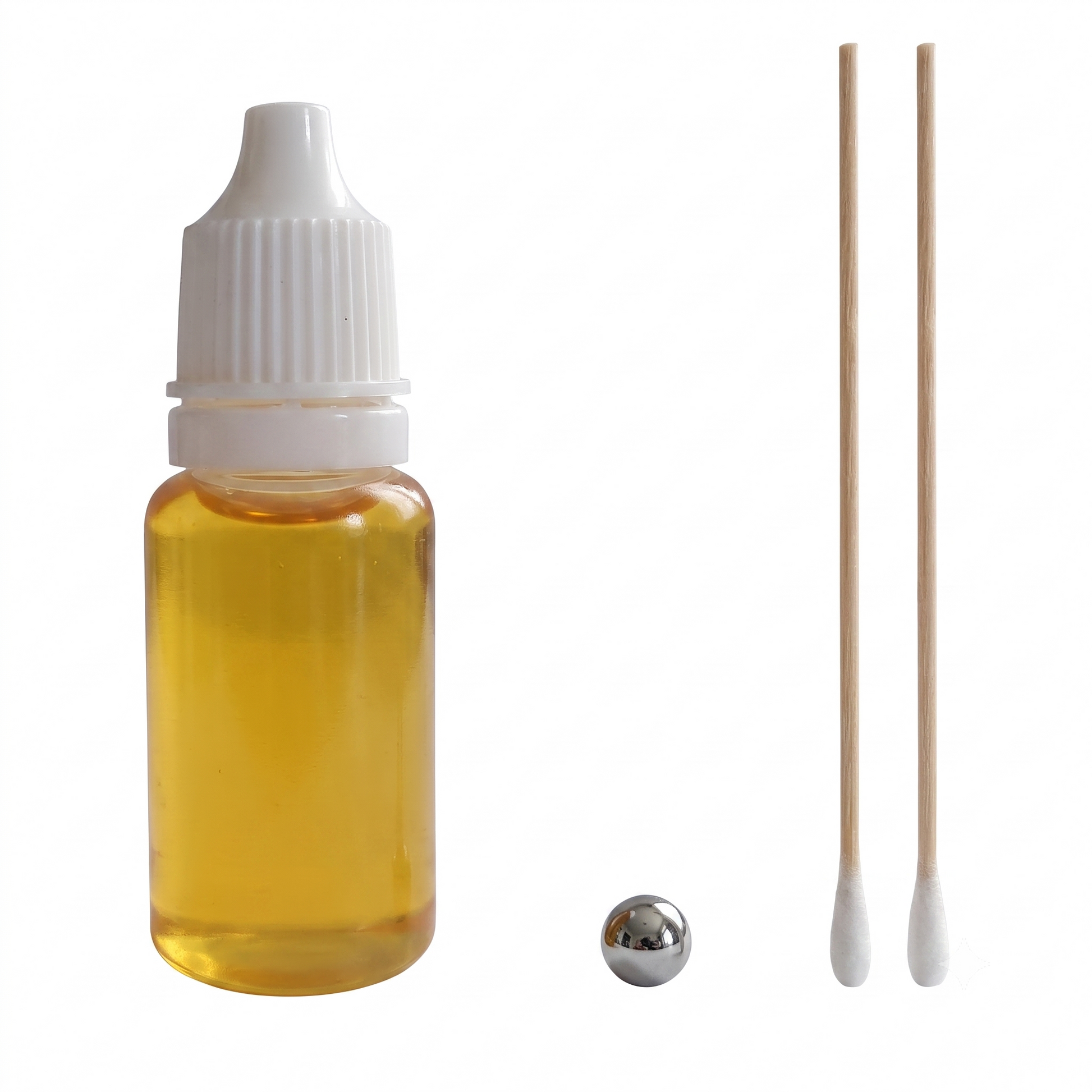 Rega turntable bearing maintenance kit featuring a 10ml clear dropper bottle filled with amber mineral oil, a polished steel ball bearing, and two long cotton-tipped wooden swabs on a clean white background.
