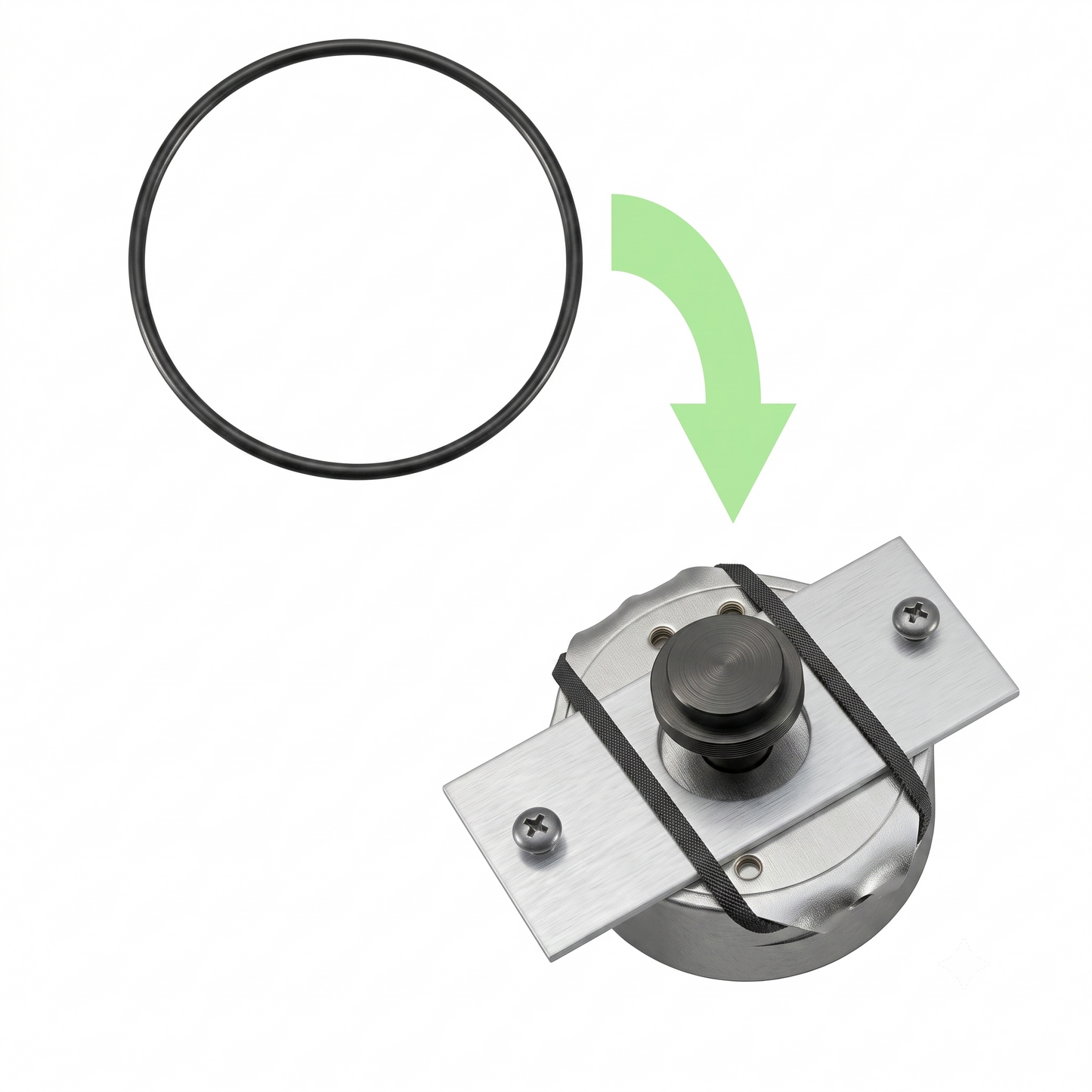 A black replacement suspension belt for Rega Planar turntable motors, with a green arrow pointing down to an illustration showing how the rubber O-ring fits over a metal motor mounting plate.