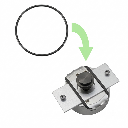A black replacement suspension belt for Rega Planar turntable motors, with a green arrow pointing down to an illustration showing how the rubber O-ring fits over a metal motor mounting plate.