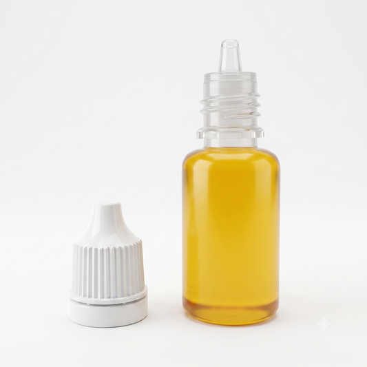 A high-quality rendering of a small, clear plastic bottle filled with a translucent, amber-coloured liquid. The bottle has a two-part screw cap: a lower section of opaque white plastic with vertical ridges and an upper section of clear, translucent plastic that tapers into a small dispenser tip. A second, identical white-and-clear cap assembly sits next to the bottle to the left, standing on its white base. The set is positioned against a clean, evenly lit white studio background.