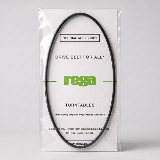 An official Rega turntable drive belt displayed inside its clear, protective plastic layflat packaging. The black, oval-shaped rubber belt is mounted on a textured white backing card featuring the bright green Rega logo. Text on the packaging reads "OFFICIAL ACCESSORY," "DRIVE BELT FOR ALL* TURNTABLES," with a footnote at the bottom that reads "*Excluding original Rega Planet turntable." The clean, high-definition studio shot is set against a minimalist light grey background.