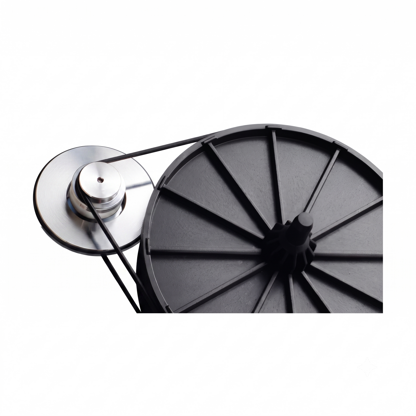 A high-definition, close-up studio shot demonstrating a black rubber Rega turntable drive belt installed on the inner mechanical components of a turntable. The thin black belt loops tightly around a polished silver aluminum motor pulley on the left and wraps around the edge of a large, matte black plastic sub-platter on the right. The sub-platter features structural spokes radiating from its central spindle. The entire assembly is cleanly isolated against a solid, bright white background.