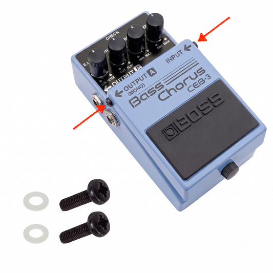 Genuine Boss guitar pedal replacement hinge screws and washers are displayed next to a light blue Boss CEB-3 Bass Chorus pedal, with red arrows pointing to the screw placement on the side of the chassis.