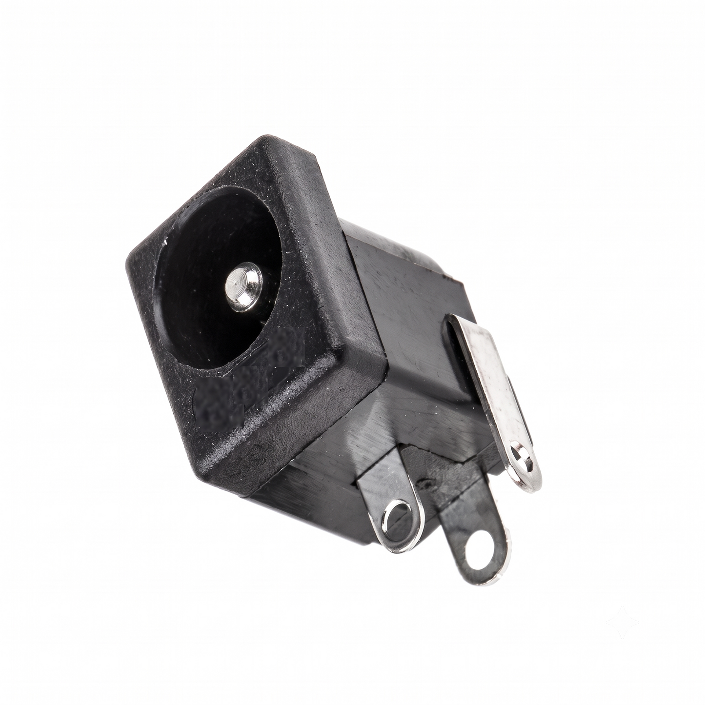 High-resolution product photo of a black plastic DC barrel jack socket with a silver centre pin and three silver PCB mounting solder terminals, isolated on a white background.