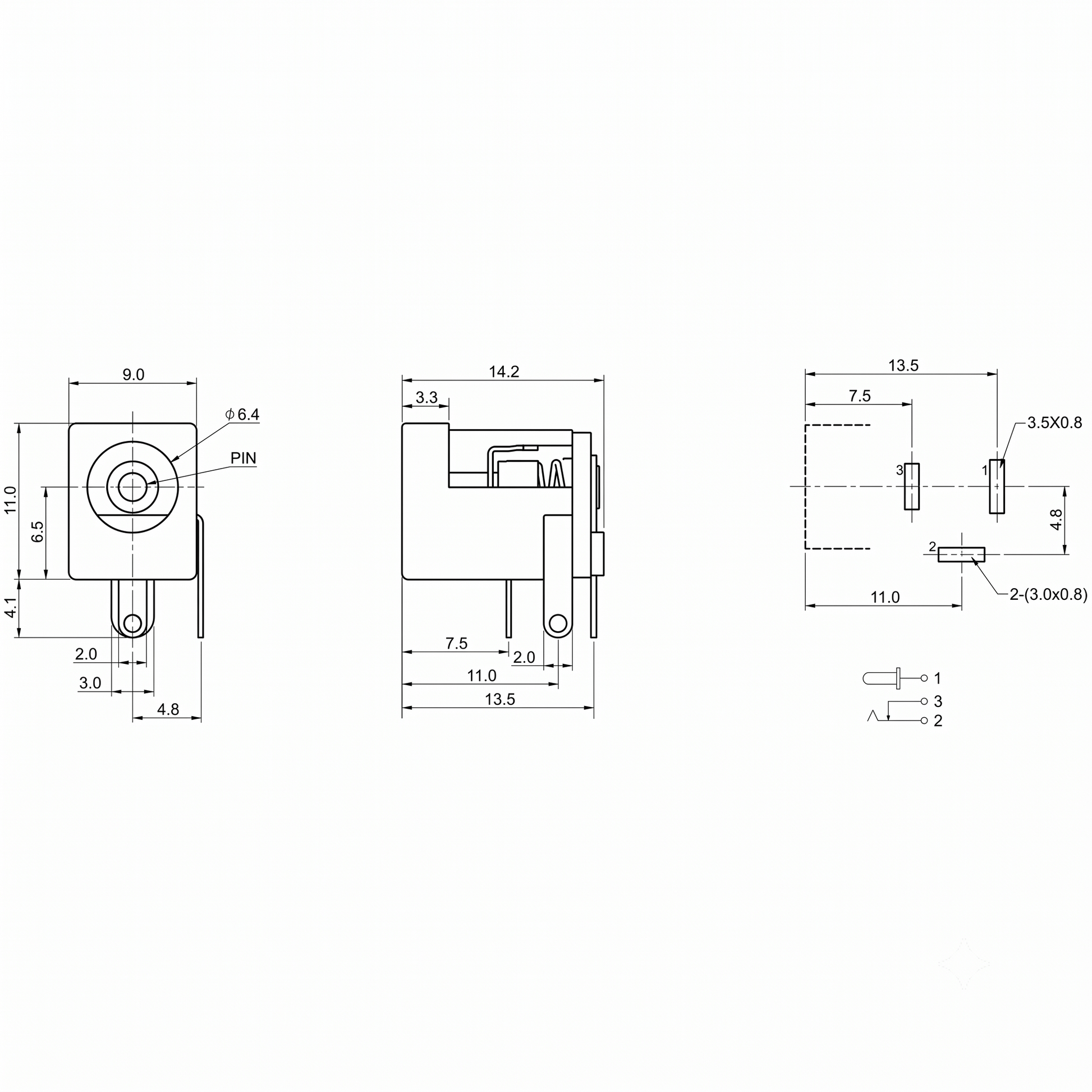 Technical dimension blueprint diagram for a DC jack PCB mount socket, showing front view, side view, pin layout schematic, and exact millimeter measurements.